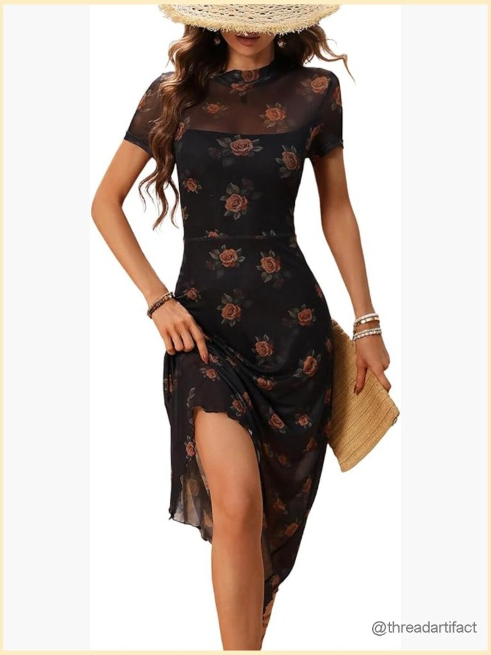Midi Dress with Floral Print Mesh A-Line Silhouette